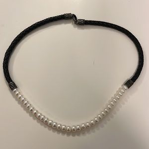 Black leather and simulated Pearl fashion necklace